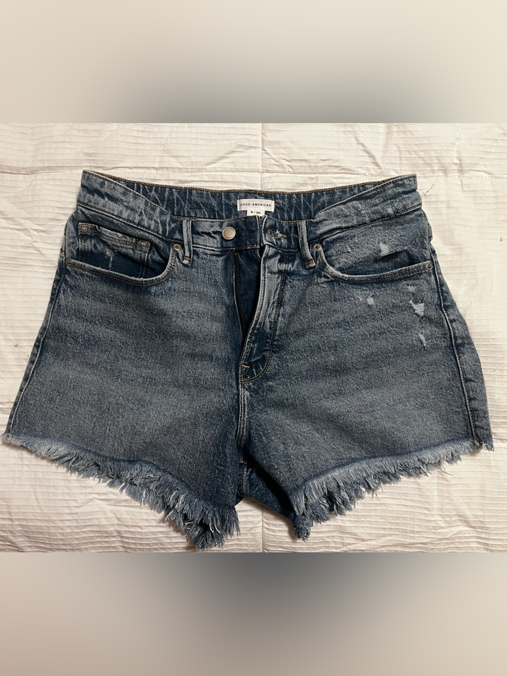 Good American Dark Blue Frayed Hem Denim Shorts